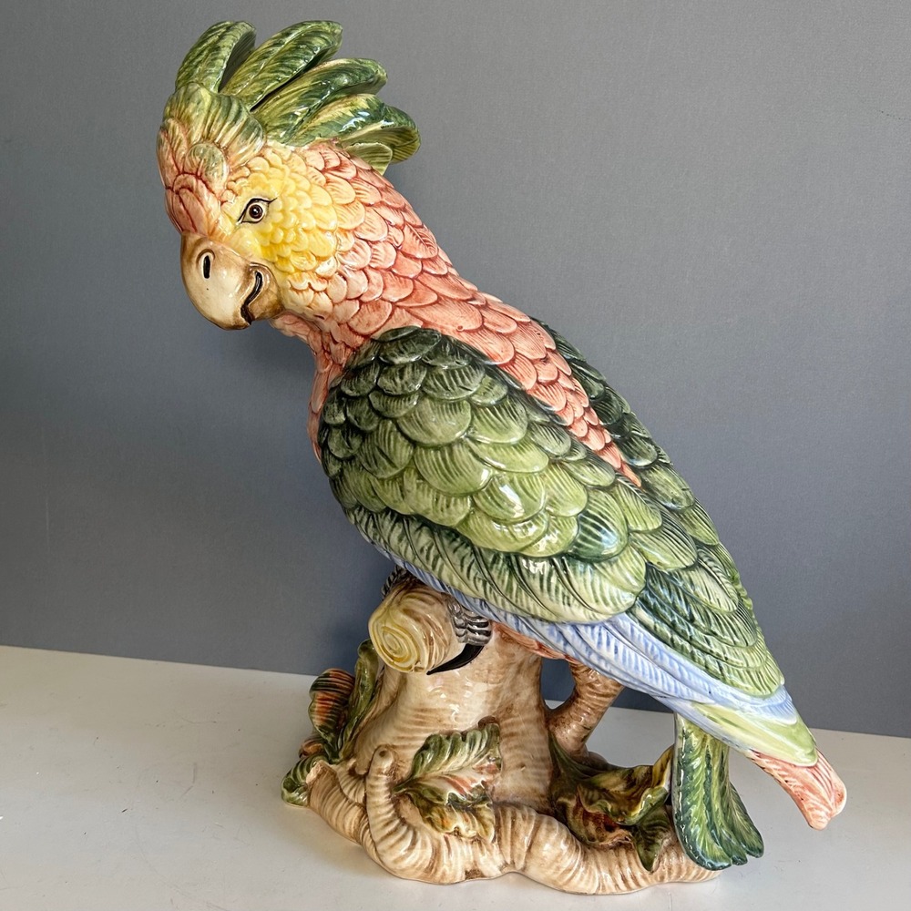 Vintage Italian Ceramic Cockatoo Parrot Tall Large Hand Painted Made in Italy